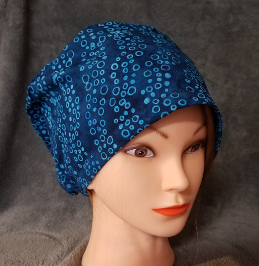 Blue Batik Print with Bubbles Pixie Style Scrub Cap, Euro style scrub cap