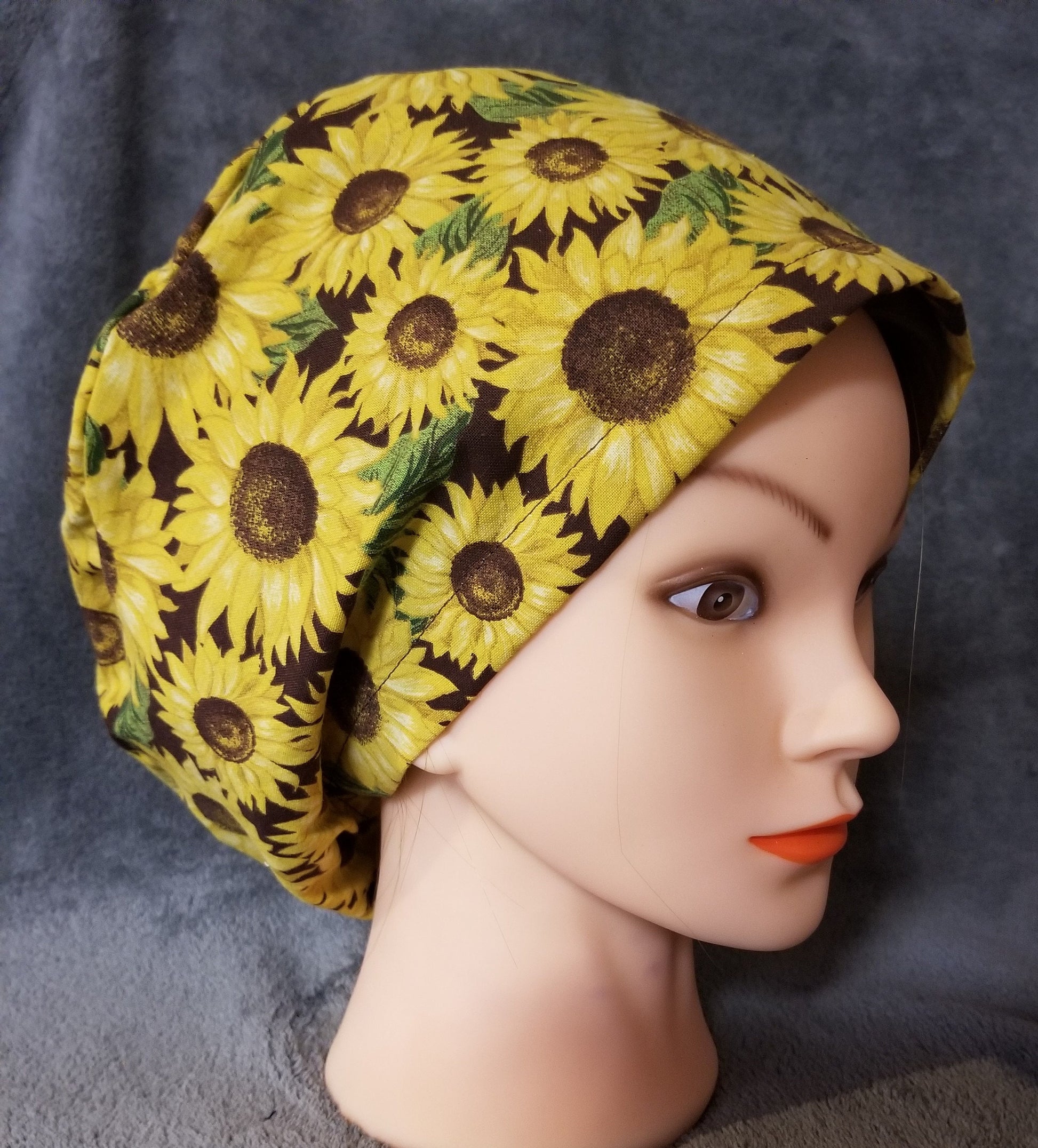 Sunflower Print Pixie Style Scrub Cap, Euro style scrub cap