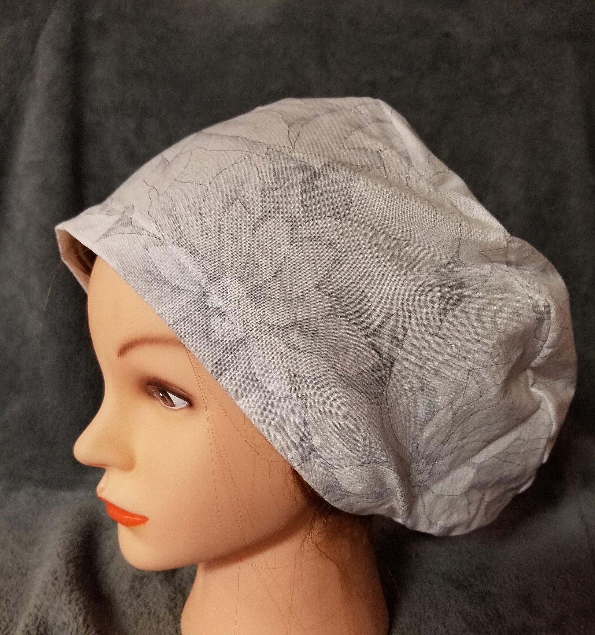 White Poinsettia Print Christmas Print Pixie Style Scrub Cap, Euro style scrub cap