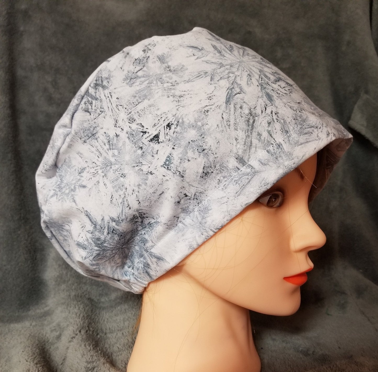 White and Blue Snowflake Print Pixie Style Scrub Cap, Euro style scrub cap