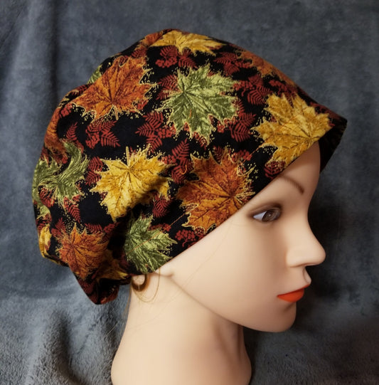 Fall Leaves Print Pixie Style Scrub Cap, Euro style scrub cap