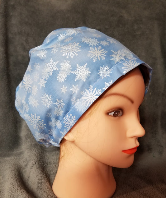 Blue with White Snowflakes Print Pixie Style Scrub Caps, Euro style scrub cap