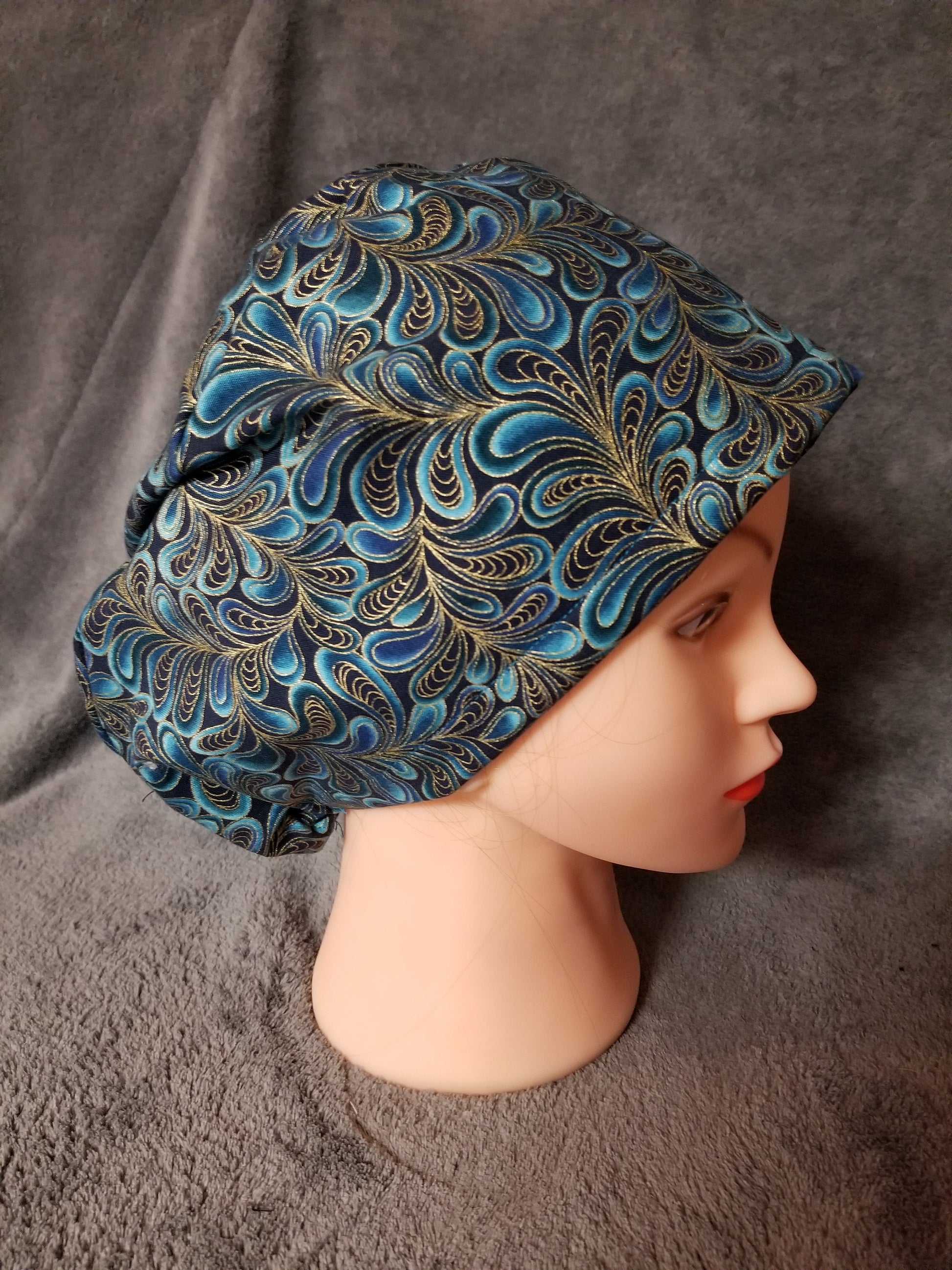 Blue Paisley Print Pixie Style Scrub Cap, Euro Style Scrub Cap