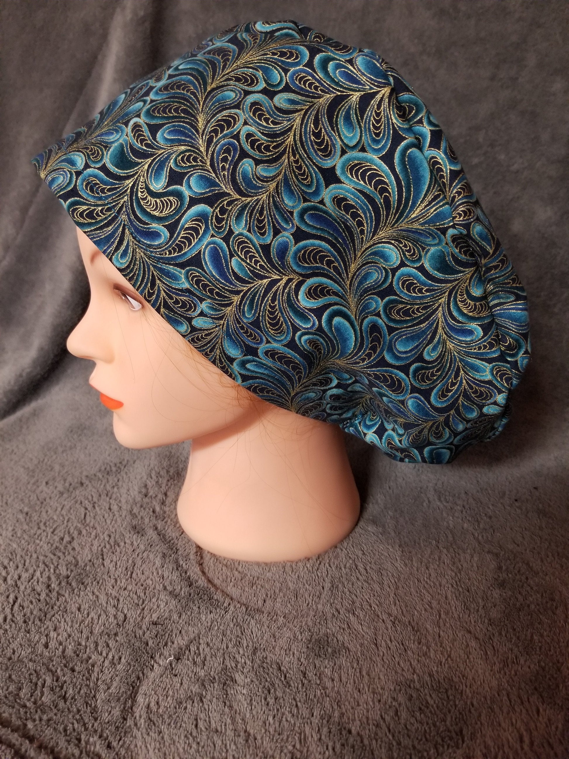 Blue Paisley Print Pixie Style Scrub Cap, Euro Style Scrub Cap