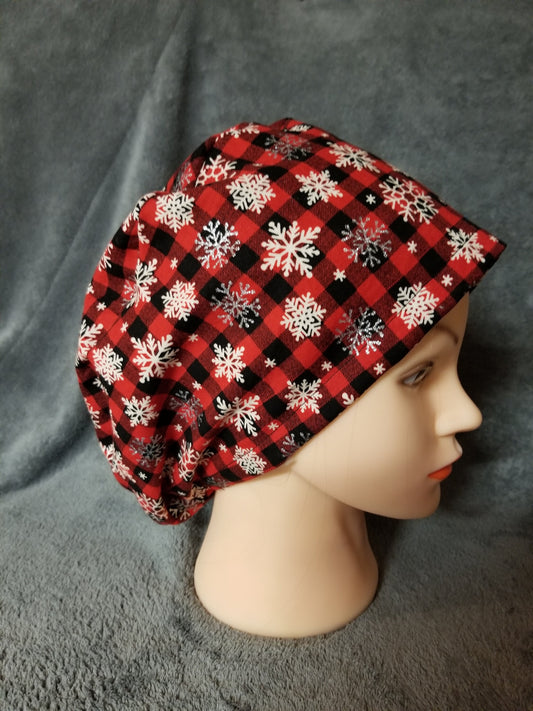 Red and Black Checks with Silver Snowflakes Pixie Style Christmas Scrub Cap, Euro style scrub cap