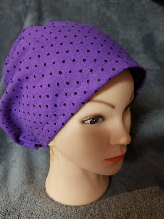 Pixie Style Scrub Cap Purple with Black Dots, Euro style scrub cap