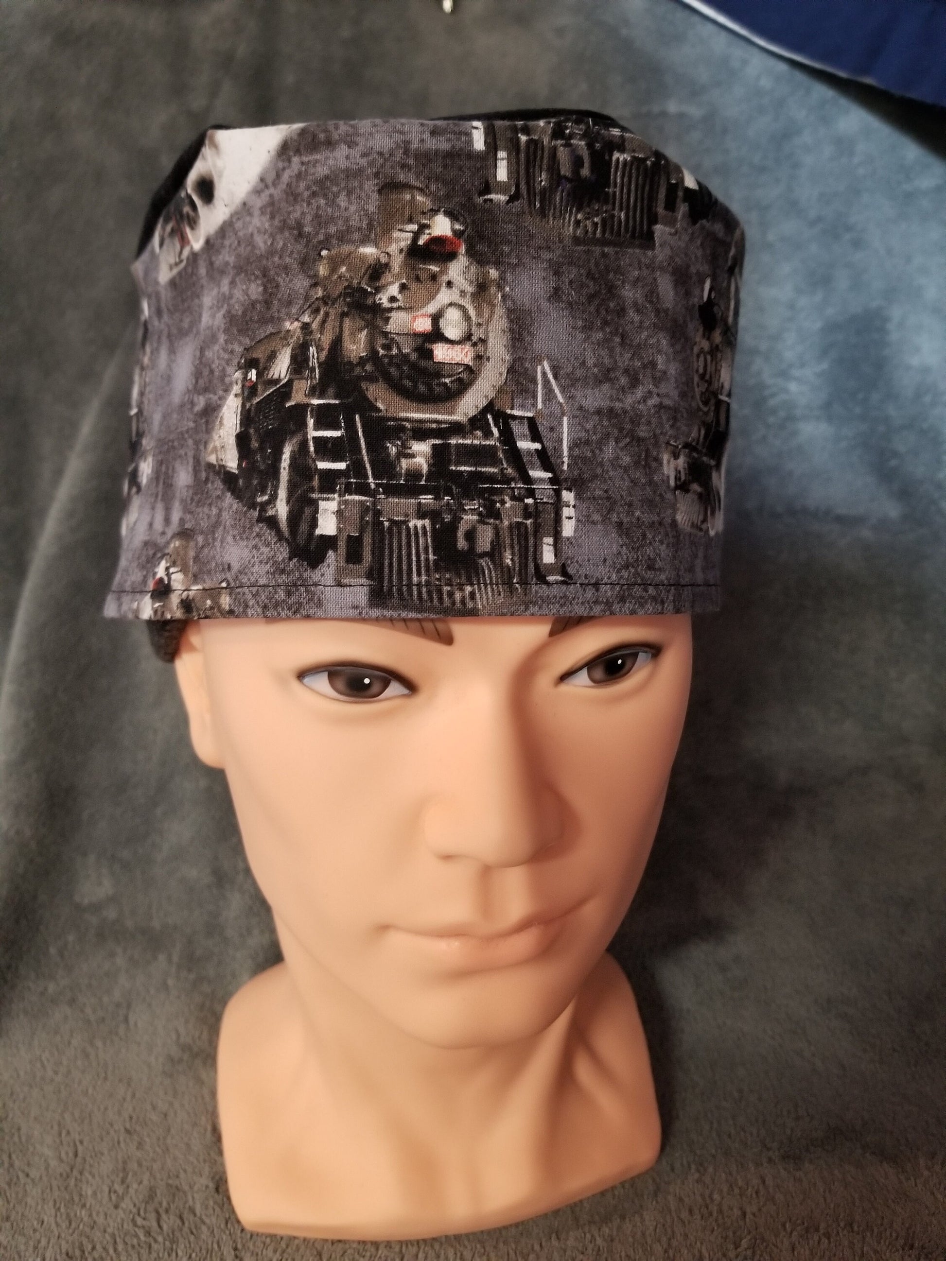 Steam Engine Train Print LARGE Scrub Cap black top with hook and loop fasteners ready to ship.