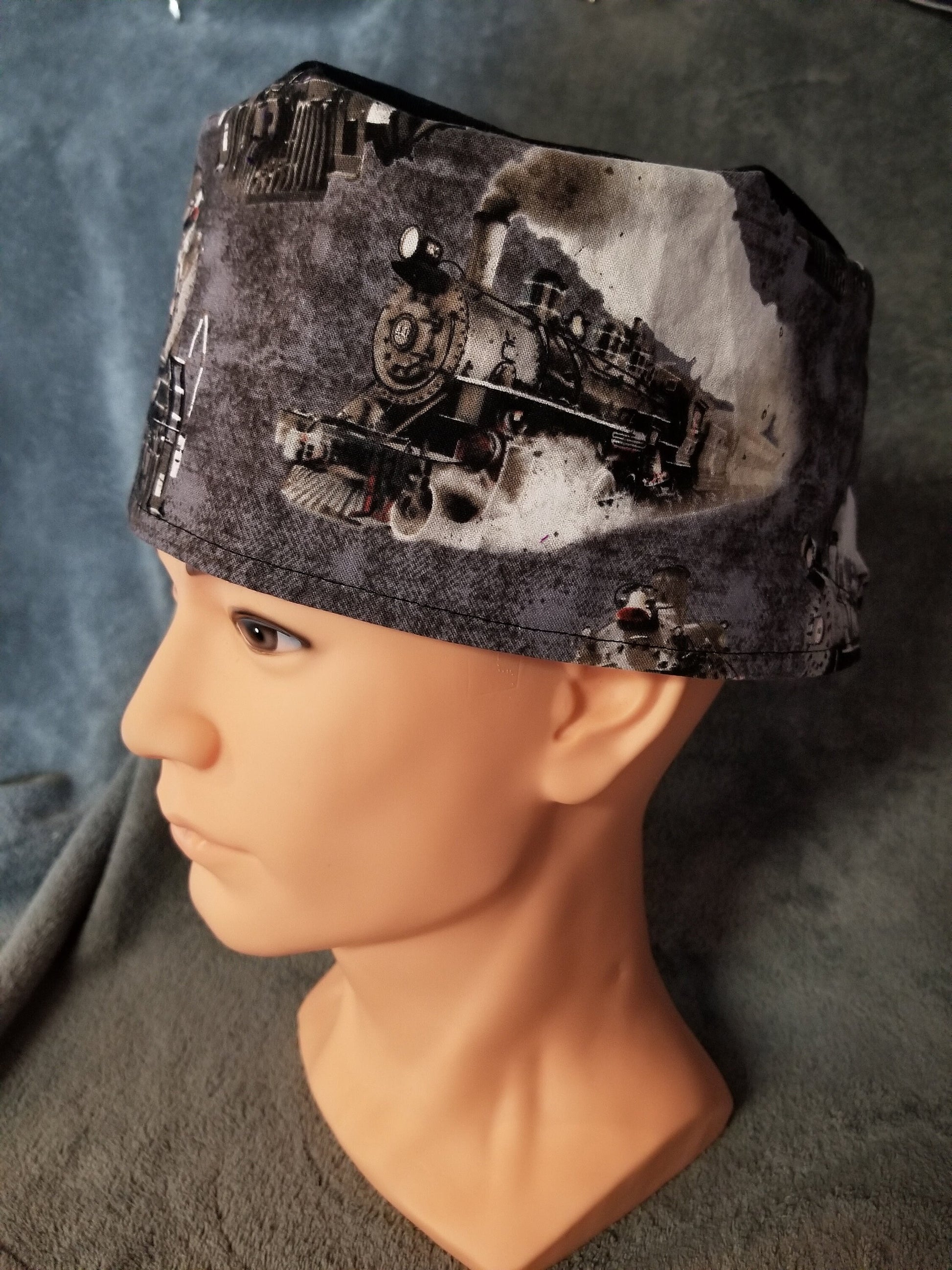 Steam Engine Train Print LARGE Scrub Cap black top with hook and loop fasteners ready to ship.