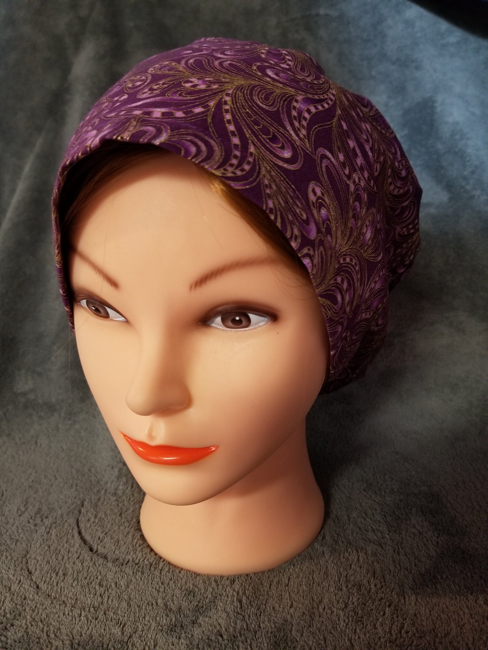 Purple Paisley Print Pixie Style Scrub Cap, Euro style scrub cap