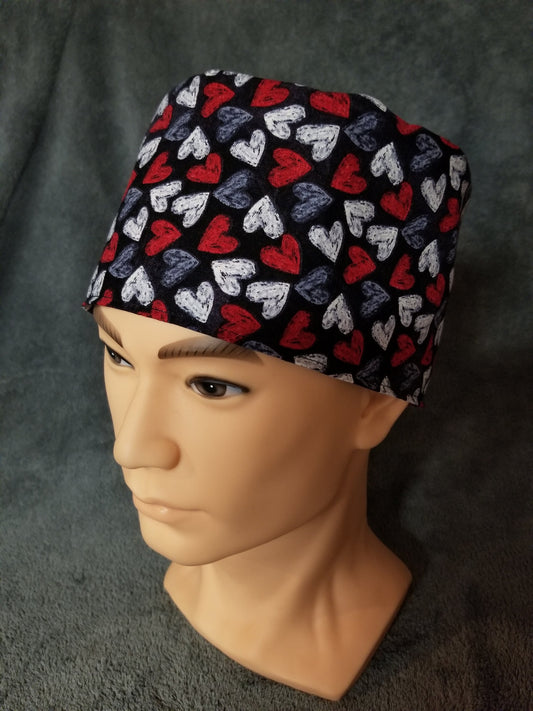 Valentine Heart Print on Black Background LARGE Scrub Cap Same Top with Hook and Loop Fasteners Limited Collection