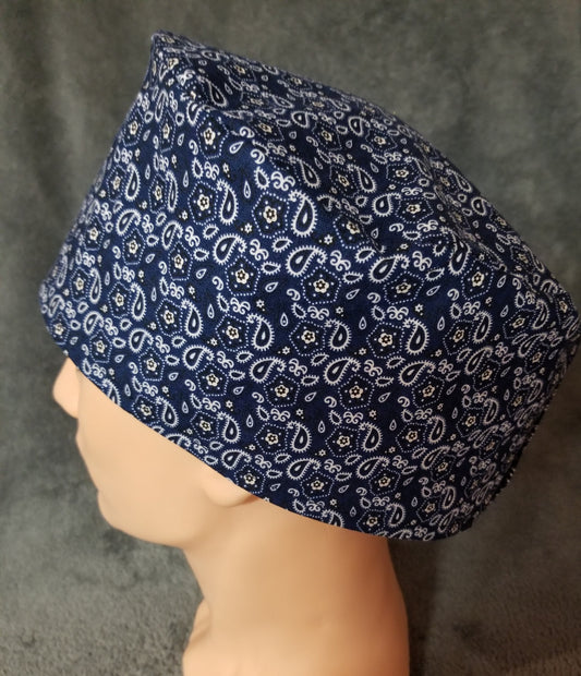 Blue Bandana Style LARGE Scrub Cap Same Top with Hook and Loop Fasteners Ready to Ship.