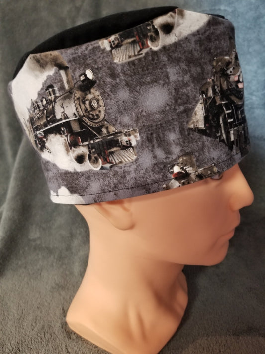 Steam Engine Train Print LARGE Scrub Cap black top with hook and loop fasteners ready to ship.