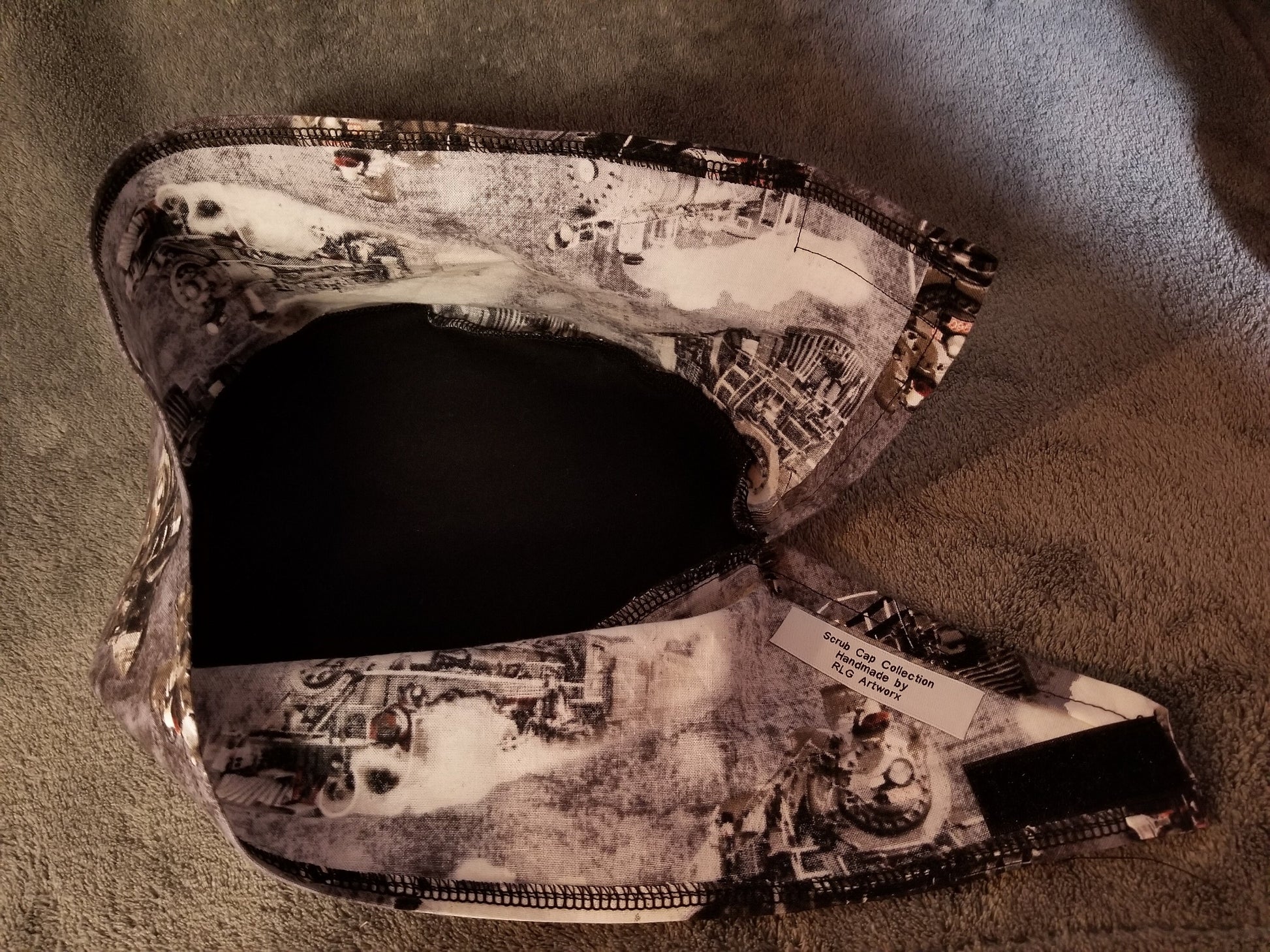 Steam Engine Train Print LARGE Scrub Cap black top with hook and loop fasteners ready to ship.