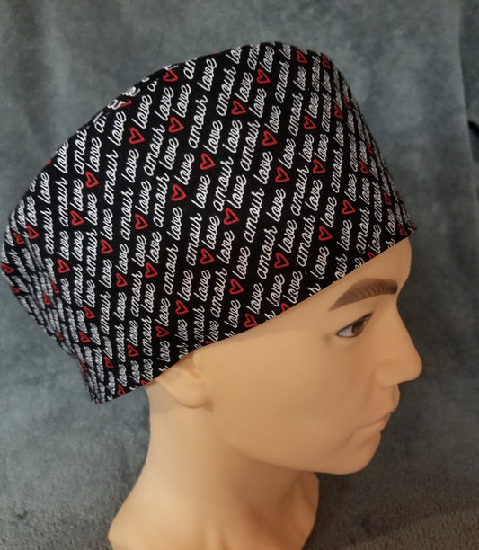 Valentine Print on Black Background LARGE Scrub Cap Same Top with Hook and Loop Fasteners Limited Collection