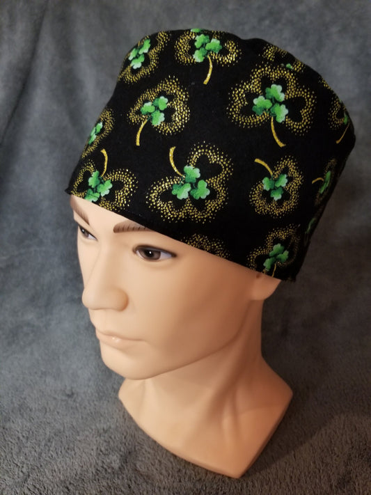 Shamrock Print on Black Background LARGE Scrub Cap Same Top with Hook and Loop Fasteners Limited Collection