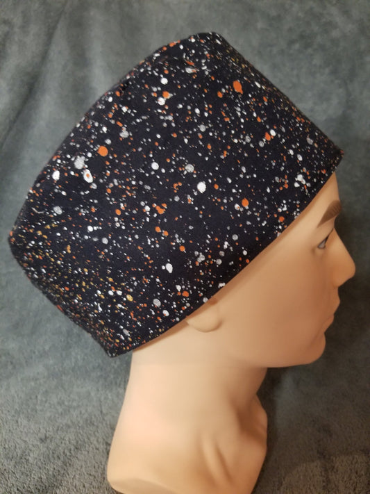 Orange Paint Splatter on Black Background LARGE Scrub Cap with Hook and Loop Fastener