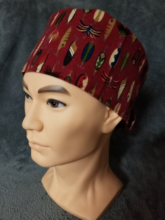 Red Background with Fishing Lures Print LARGE Scrub Cap Same Top with Hook and Loop Fasteners Limited Collection Ready to Ship.