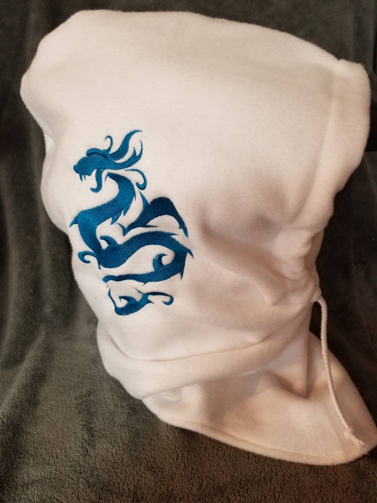 Dragon Embroidered on White Anti Pill Fleece Extra Large Ski Helmet Cover