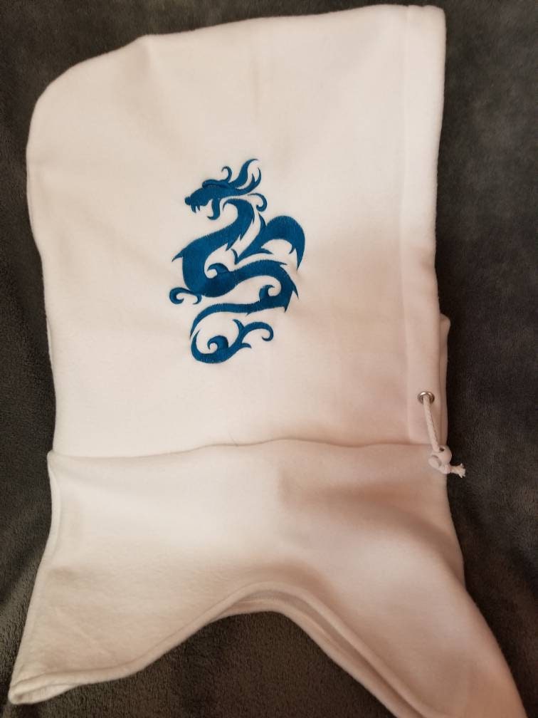 Dragon Embroidered on White Anti Pill Fleece Extra Large Ski Helmet Cover