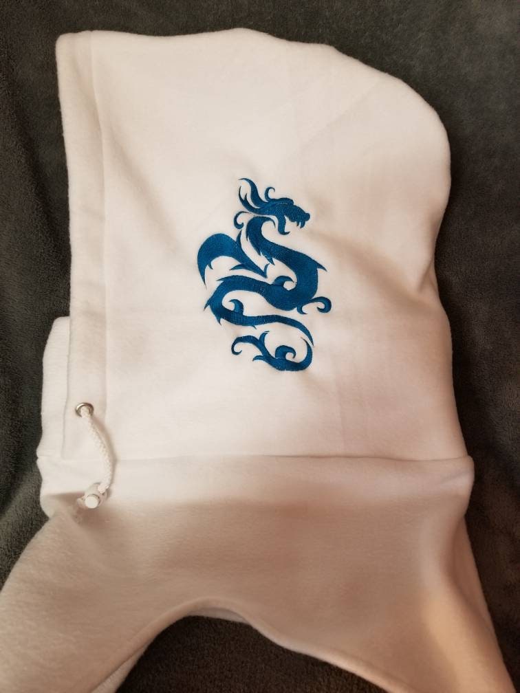 Dragon Embroidered on White Anti Pill Fleece Extra Large Ski Helmet Cover