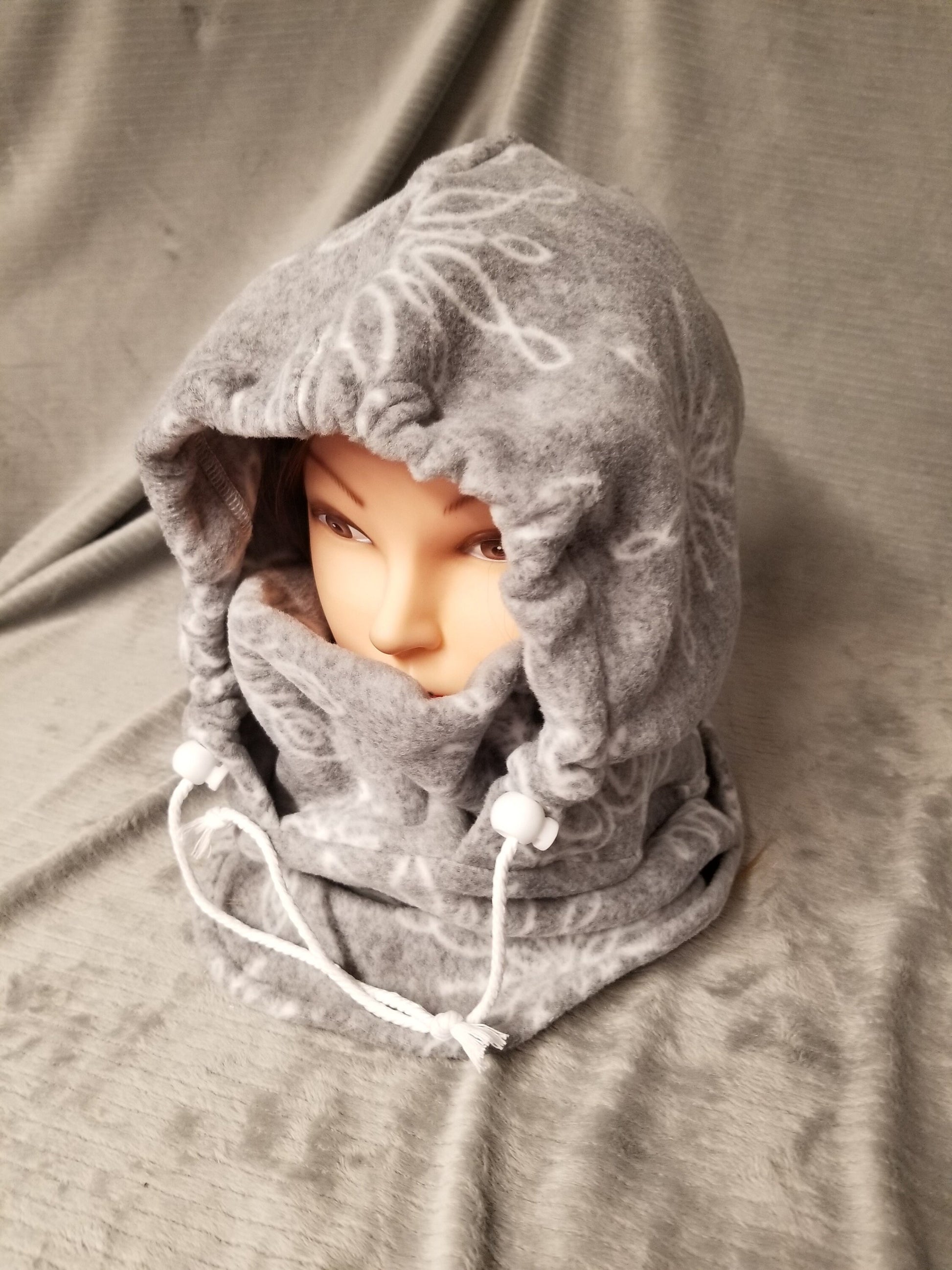 Light Gray with White Snowflakes Print Anti Pill Large Fleece Ski Helmet Cover