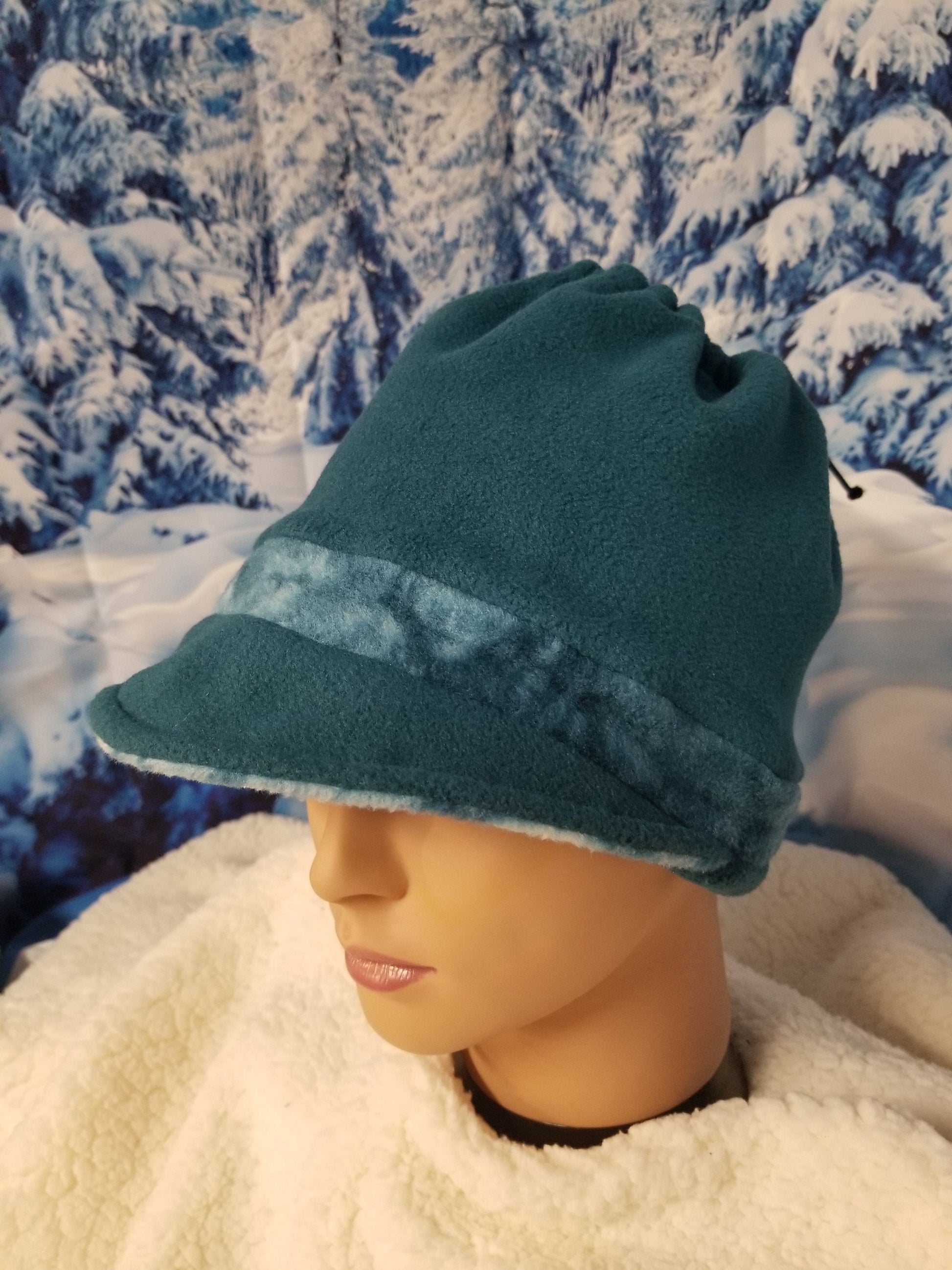 Teal with Teal Marble Fleece Band Anti Pill Fleece Newsboy Ponytail Hat