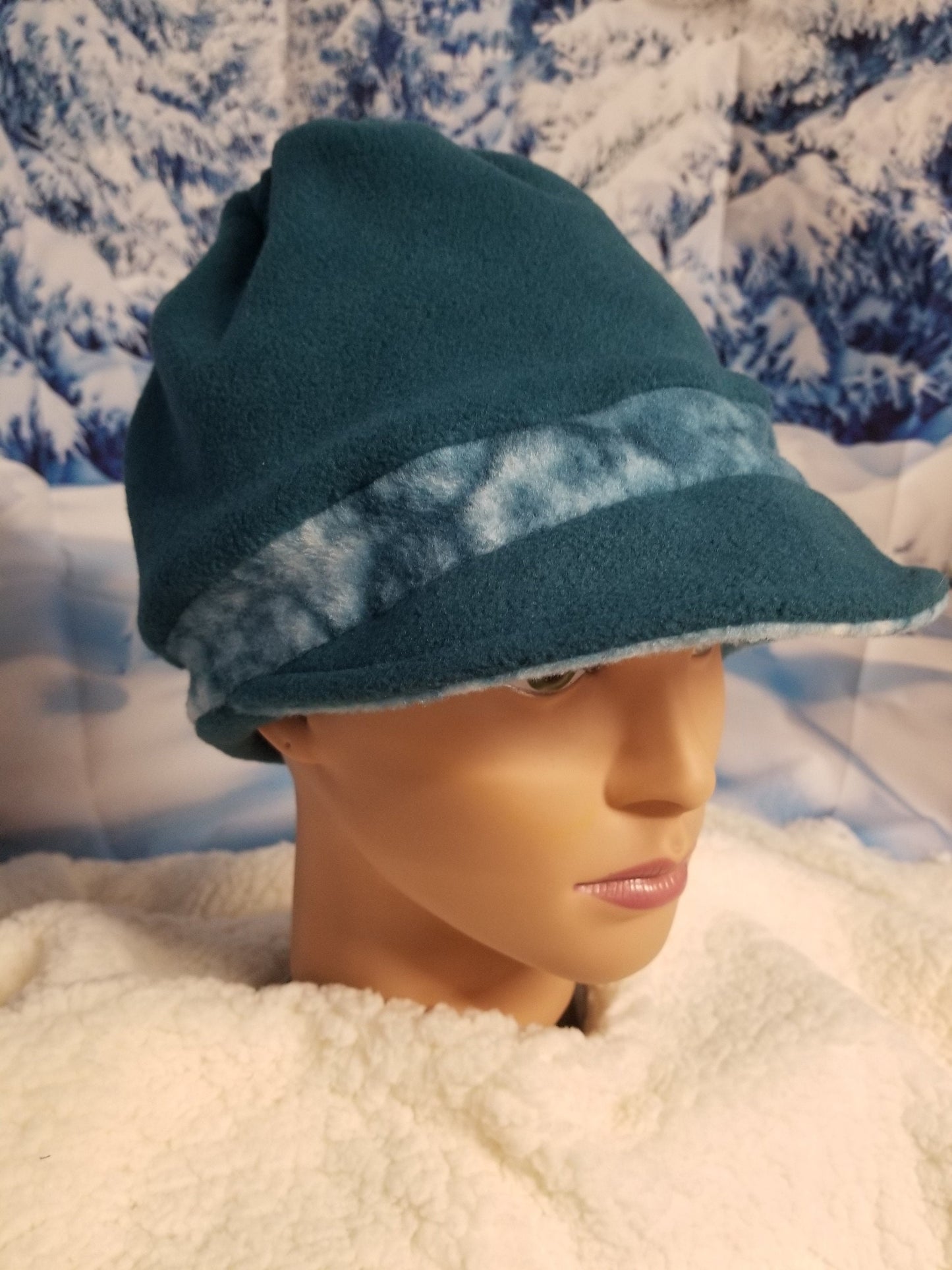 Teal with Teal Marble Fleece Band Anti Pill Fleece Newsboy Ponytail Hat