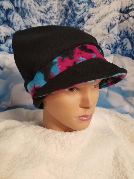 Black Fleece with Paint Splatter Print Band Anti Pill Fleece Newsboy Hat