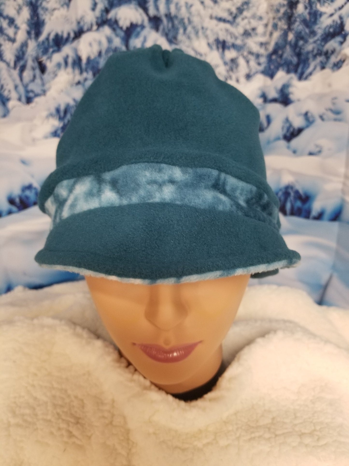 Teal with Teal Marble Fleece Band Anti Pill Fleece Newsboy Ponytail Hat