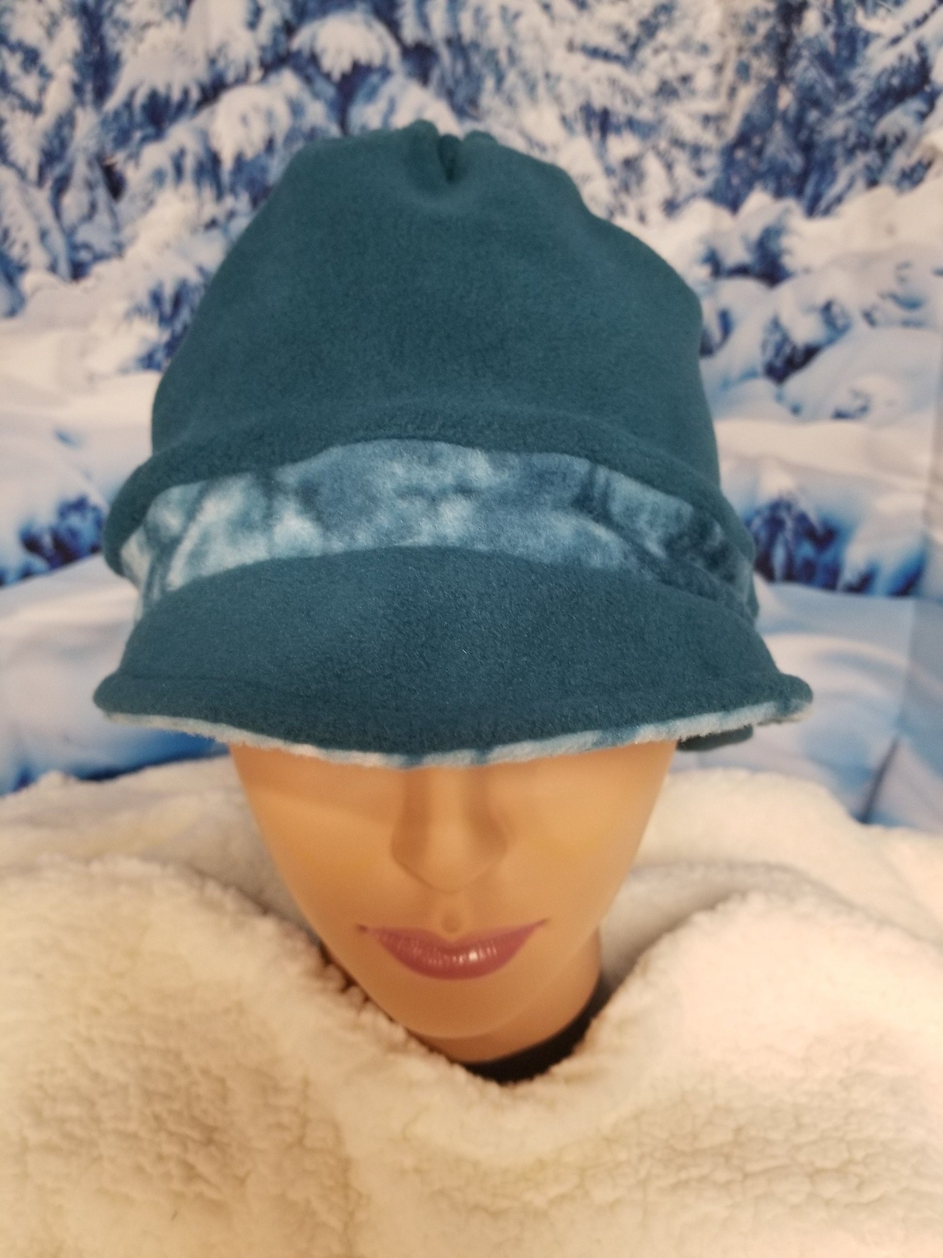 Teal with Teal Marble Fleece Band Anti Pill Fleece Newsboy Ponytail Hat