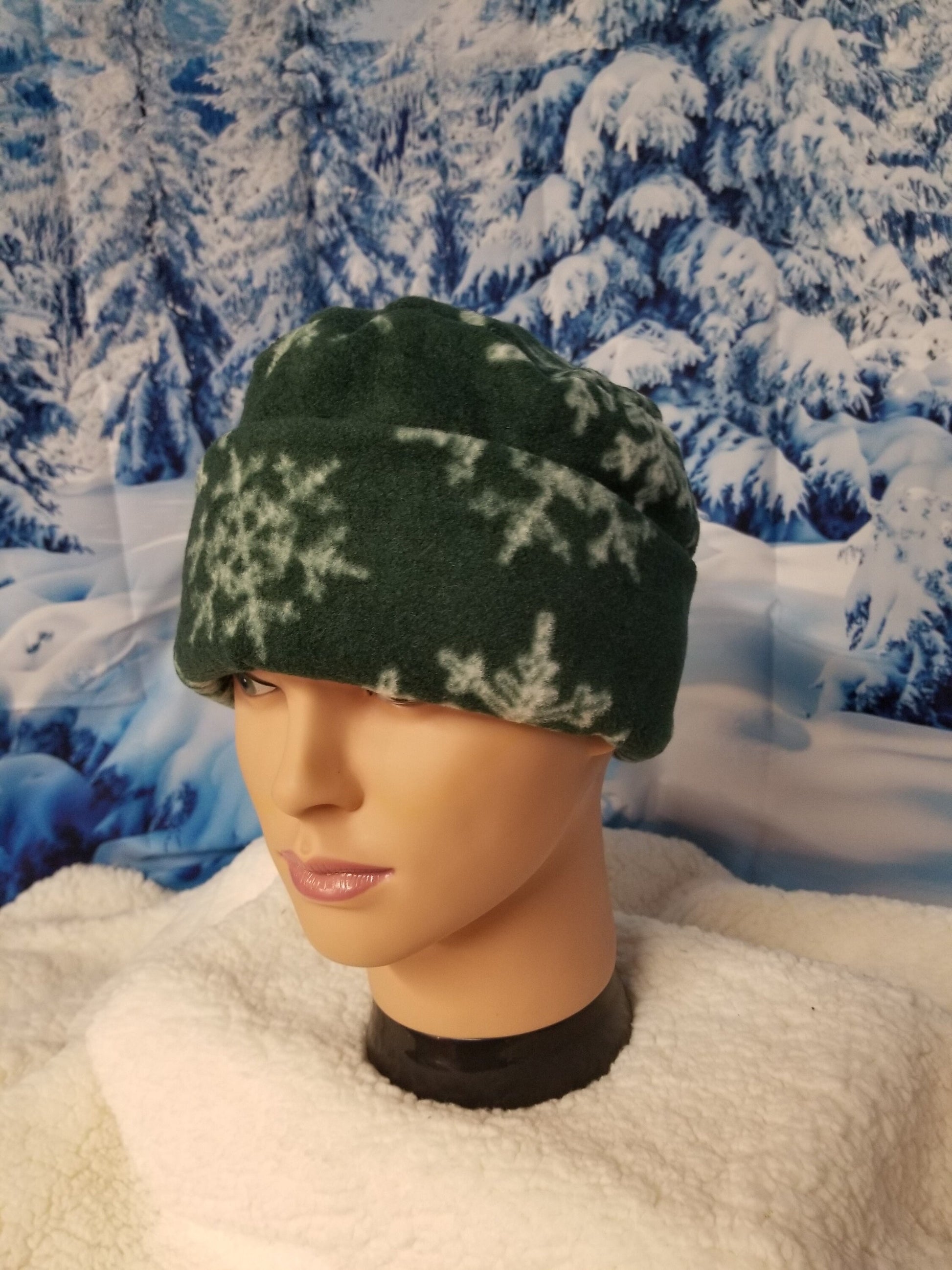 Green Background with White Snowflakes Fleece Winter Pillbox Hat