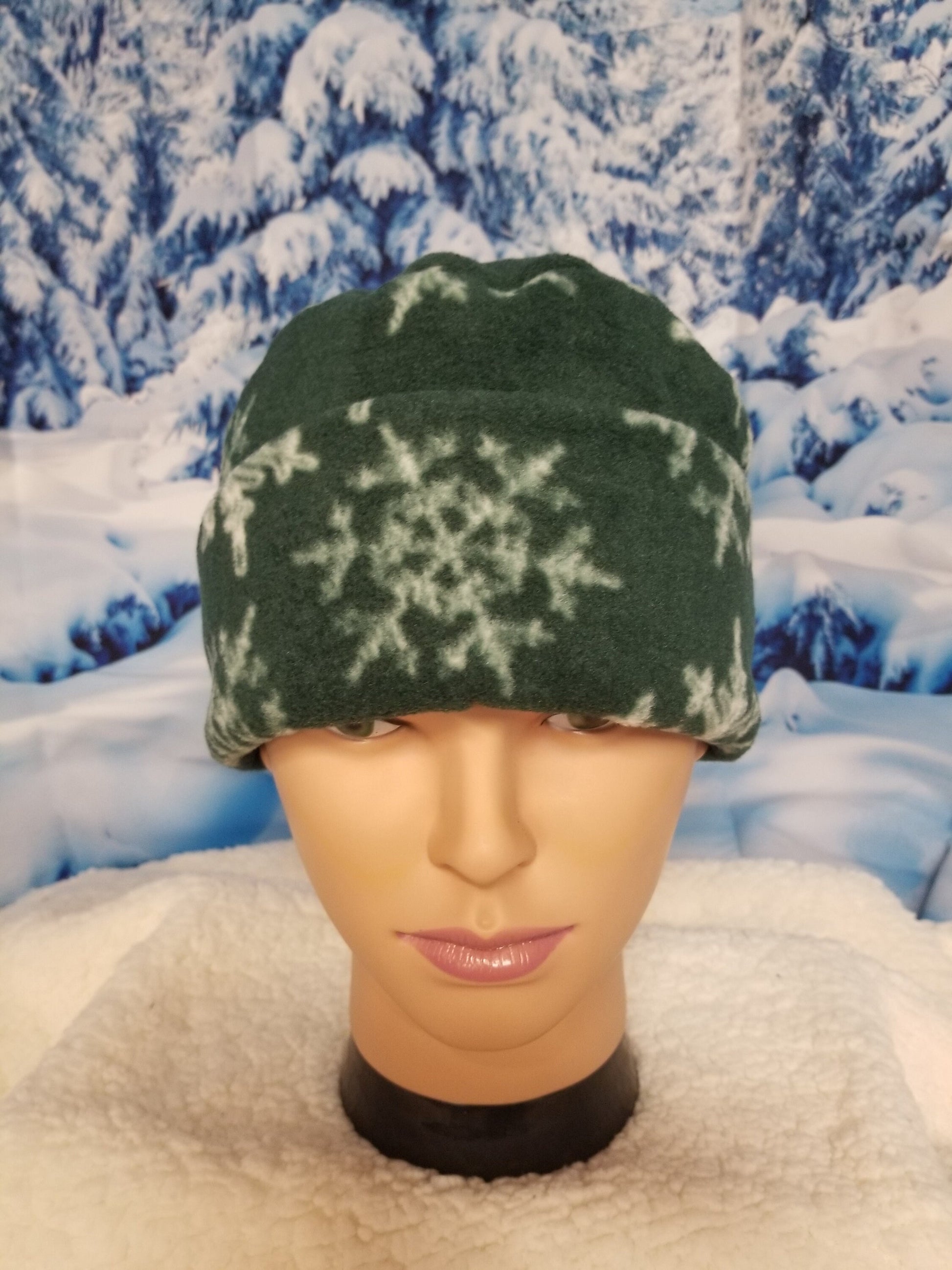 Green Background with White Snowflakes Fleece Winter Pillbox Hat