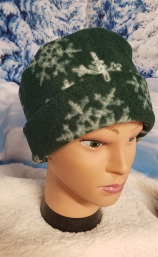 Green Background with White Snowflakes Fleece Winter Pillbox Hat
