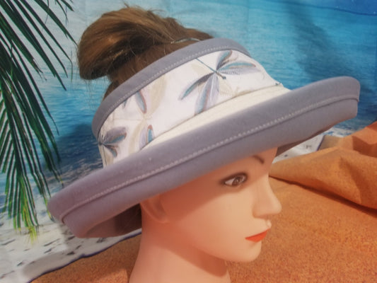 Cream Dragonfly Print with Light Grey Accent Open Top Sun Visor and Vacation Clutch