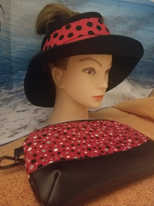 Black Dots on Red Background Reversible Open Sun Visor and Vacation Clutch