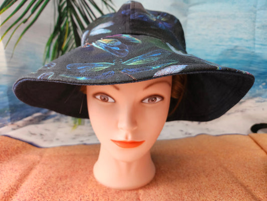 Dragonfly Print Reversible Lightweight Jean Sun Hat, Wide Brim Cotton Summer Hat, Summer Floppy Hat, Foldable Wide Brim Hat, Reversible Hat