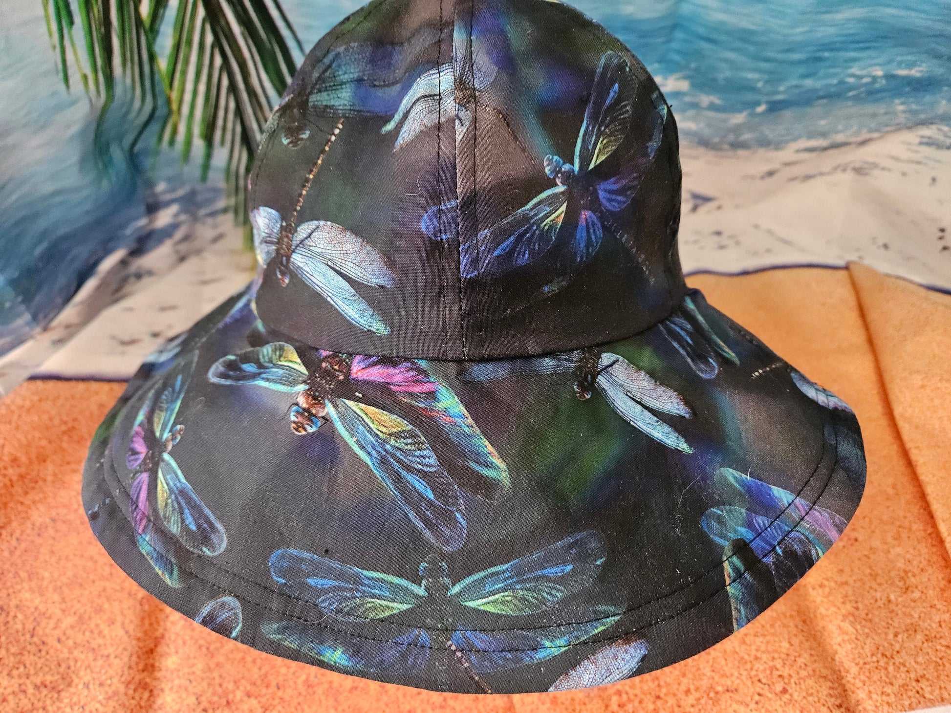 Dragonfly Print Reversible Lightweight Jean Sun Hat, Wide Brim Cotton Summer Hat, Summer Floppy Hat, Foldable Wide Brim Hat, Reversible Hat