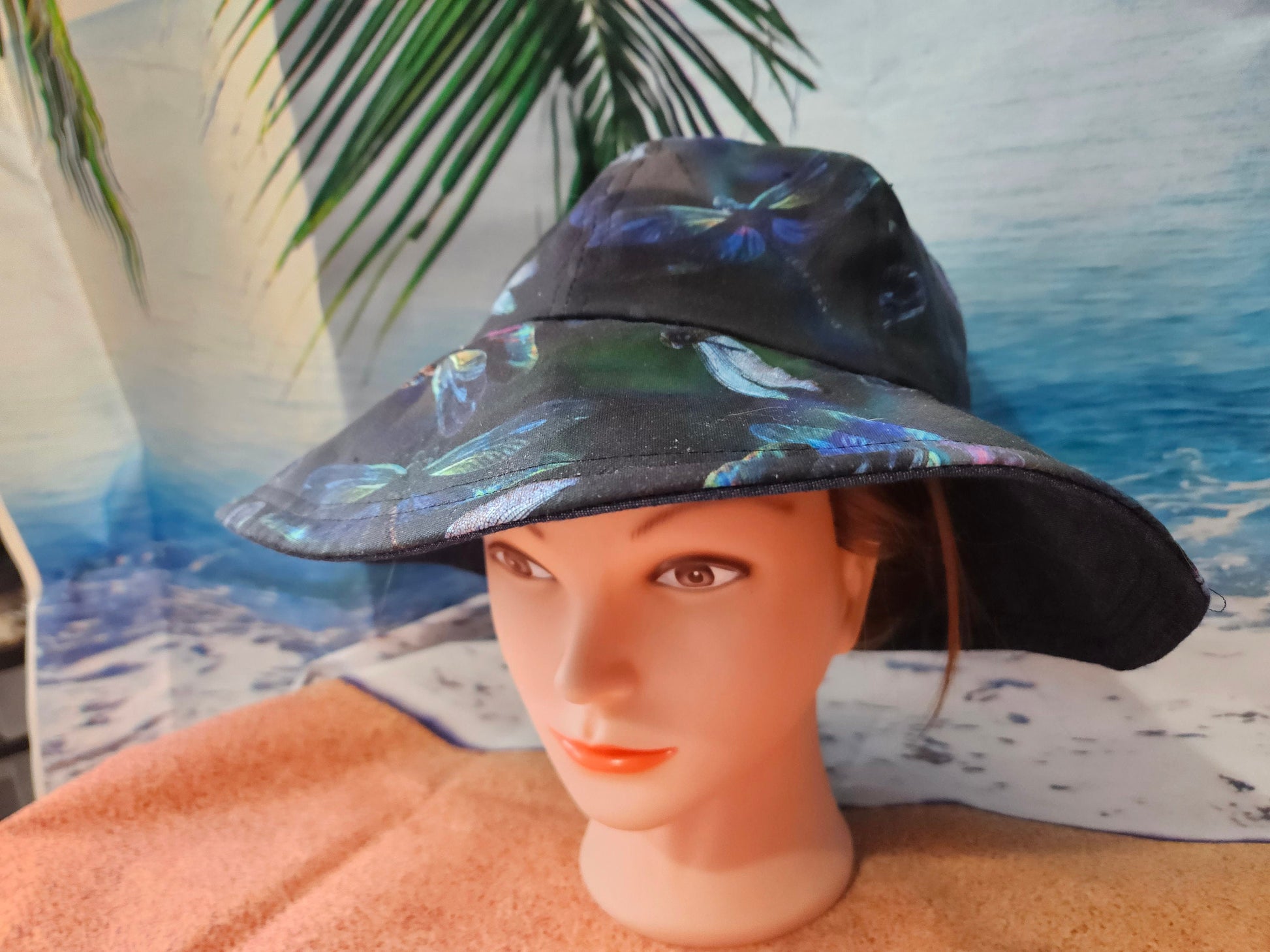 Dragonfly Print Reversible Lightweight Jean Sun Hat, Wide Brim Cotton Summer Hat, Summer Floppy Hat, Foldable Wide Brim Hat, Reversible Hat