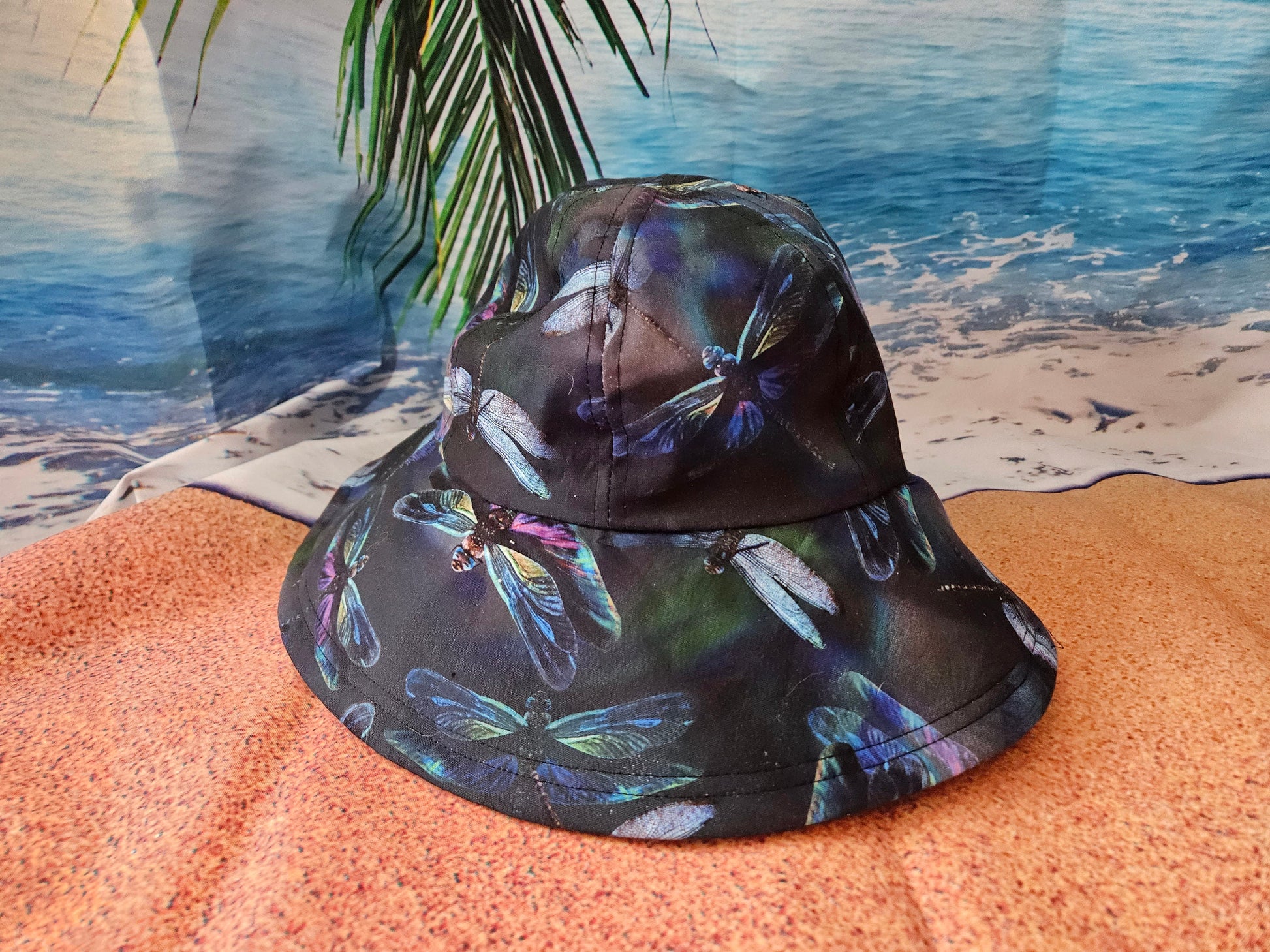 Dragonfly Print Reversible Lightweight Jean Sun Hat, Wide Brim Cotton Summer Hat, Summer Floppy Hat, Foldable Wide Brim Hat, Reversible Hat