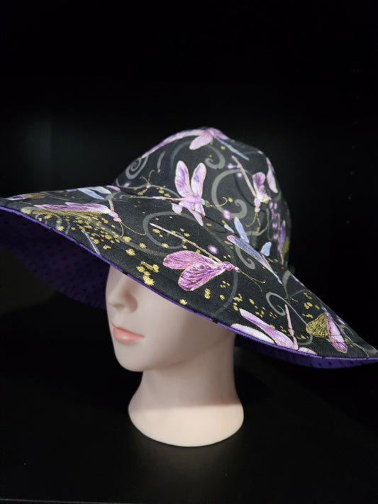 Dragonfly Print Reversible Black Polka Dots on Purple Background Sun Hat, Wide Brim Cotton Summer Hat, Summer Floppy Hat, Reversible Hat