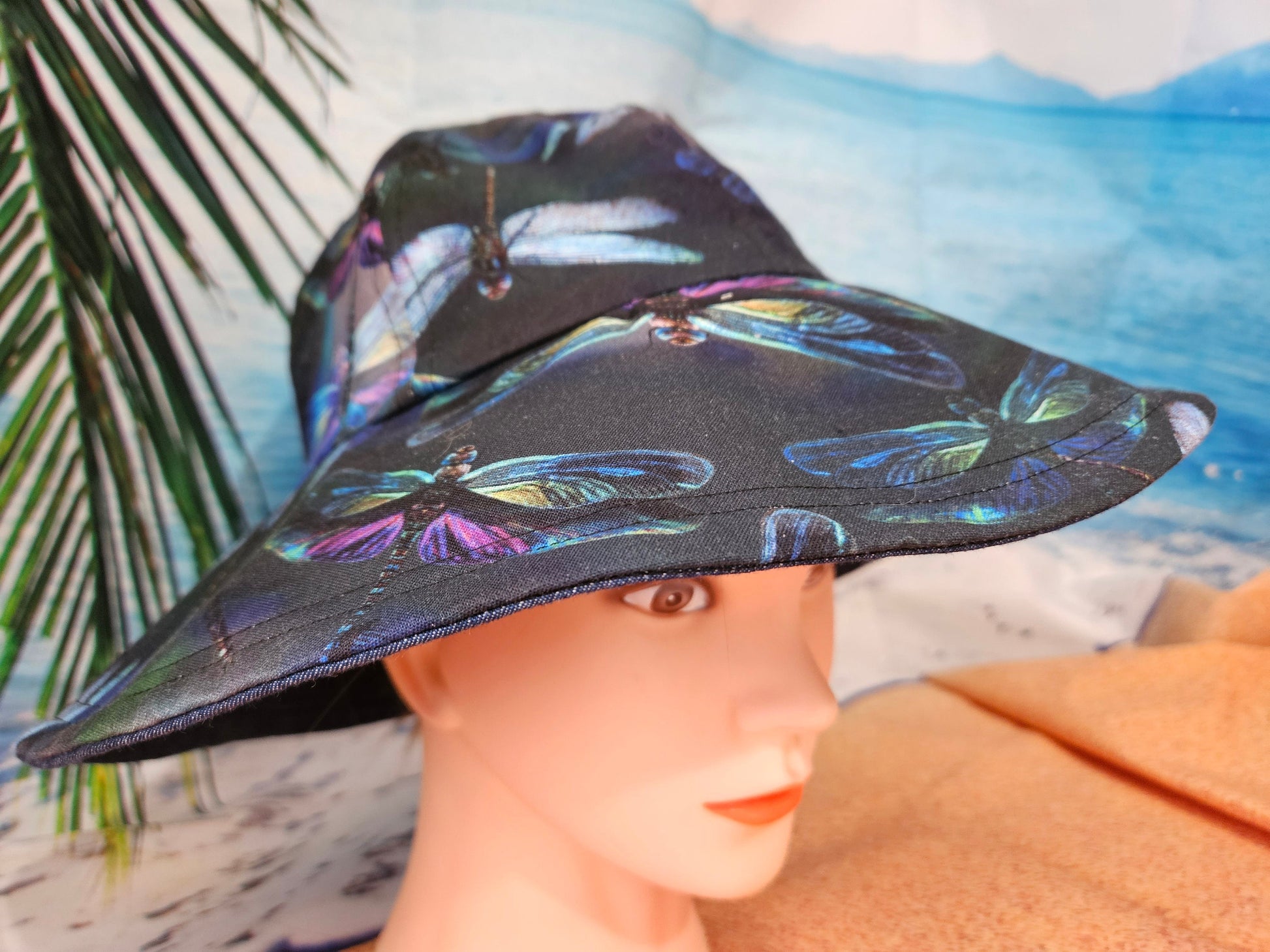 Dragonfly Print Reversible Lightweight Jean Sun Hat, Wide Brim Cotton Summer Hat, Summer Floppy Hat, Foldable Wide Brim Hat, Reversible Hat