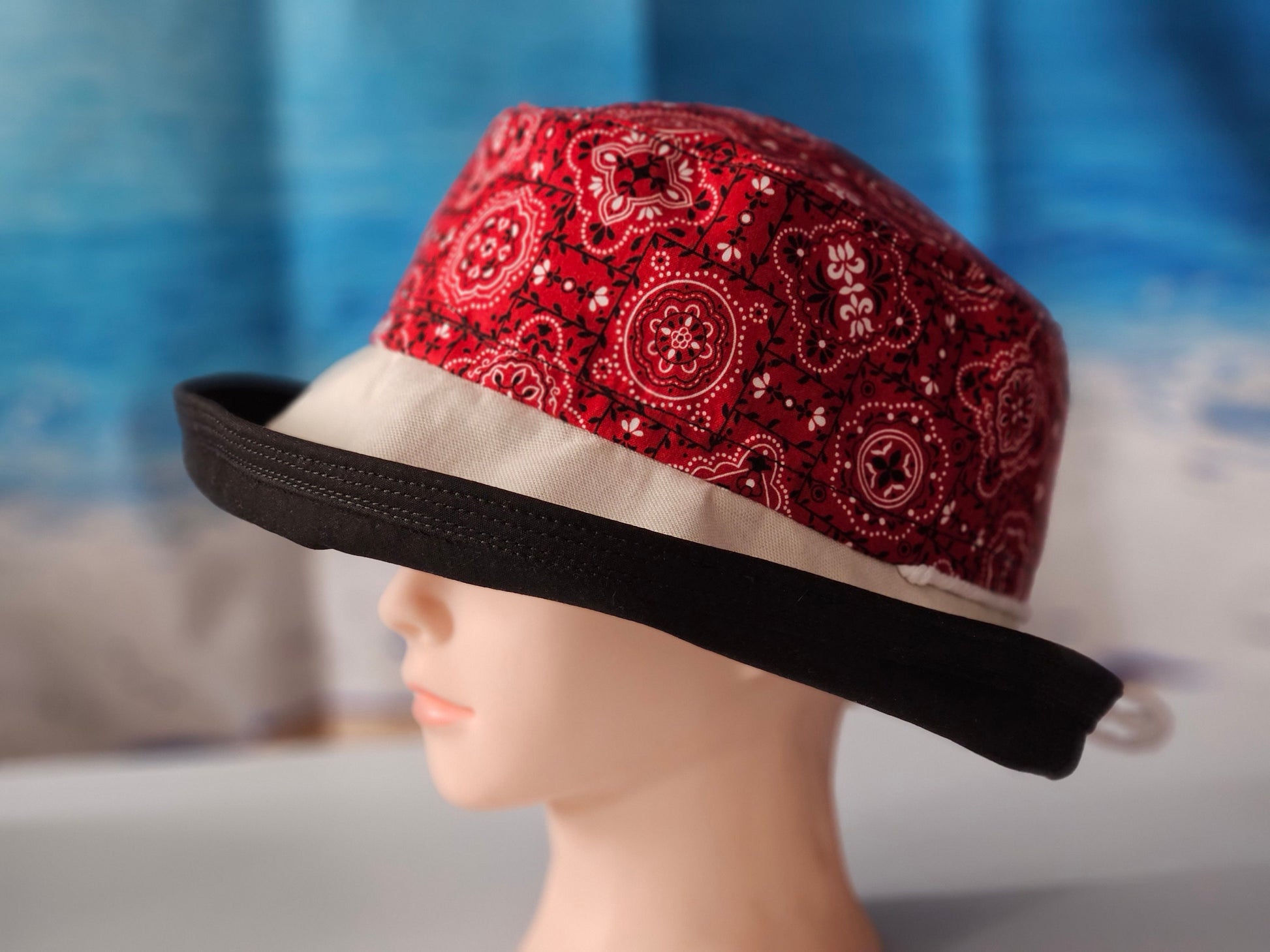 Large wide brim cotton sun hat featuring Red Bandana Print, Sunblocker Hat, Summer Hat, Holiday Hat, Vacation Hat, Handmade, One of a Kind