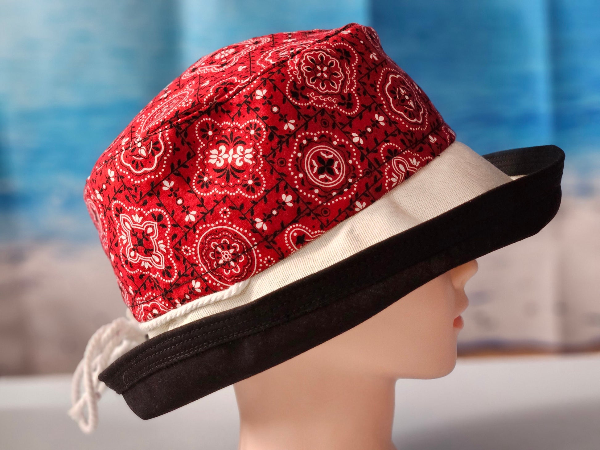 Large wide brim cotton sun hat featuring Red Bandana Print, Sunblocker Hat, Summer Hat, Holiday Hat, Vacation Hat, Handmade, One of a Kind