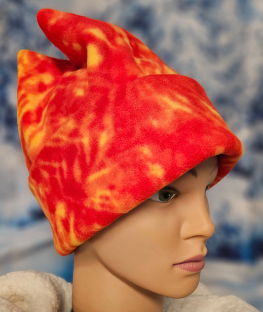 Orange Sunburst Tie Dye Print 4 Point Fleece Winter Retro Hat