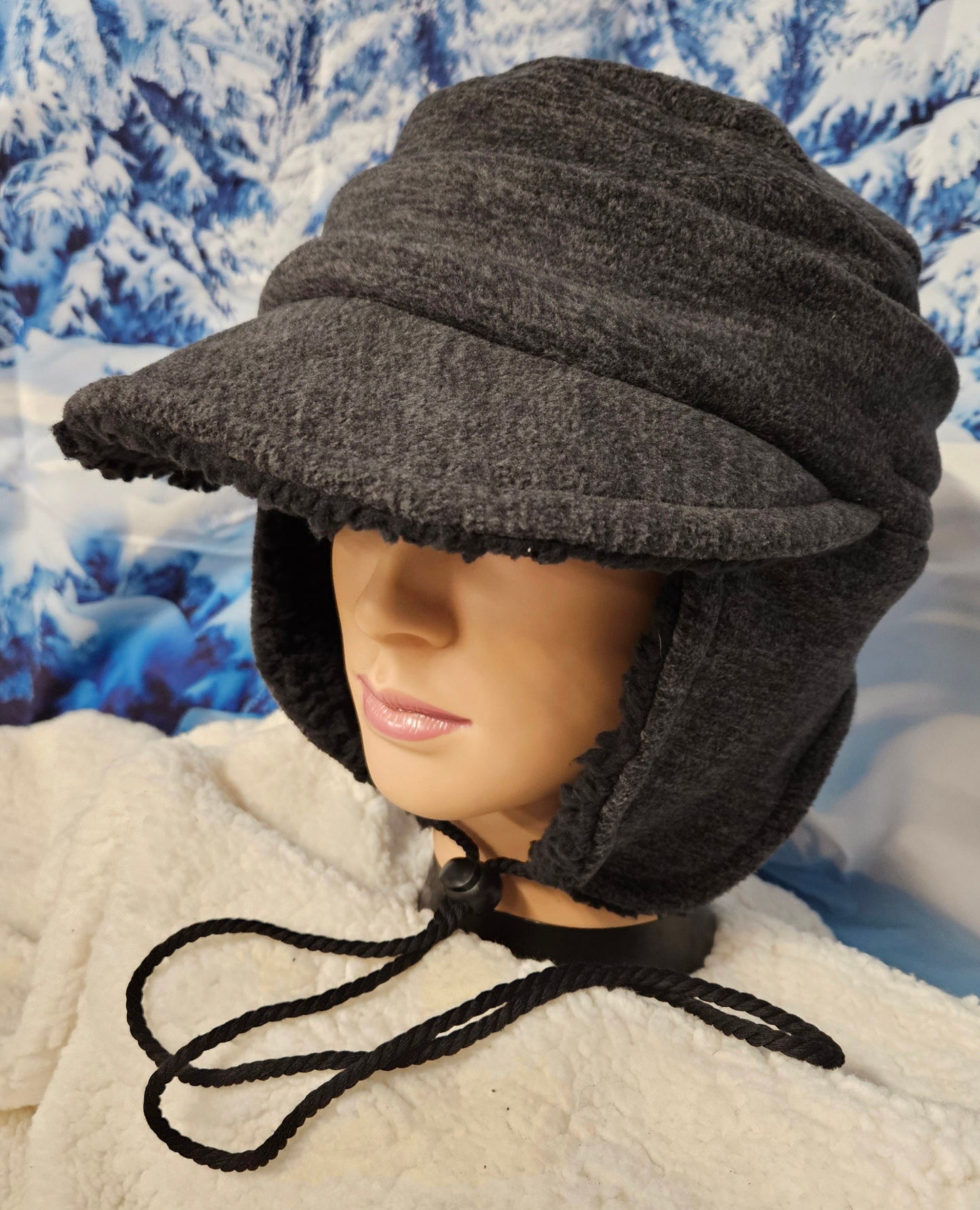 Gray with Black Trim Anti Pill Fleece Aviator Hat with Visor