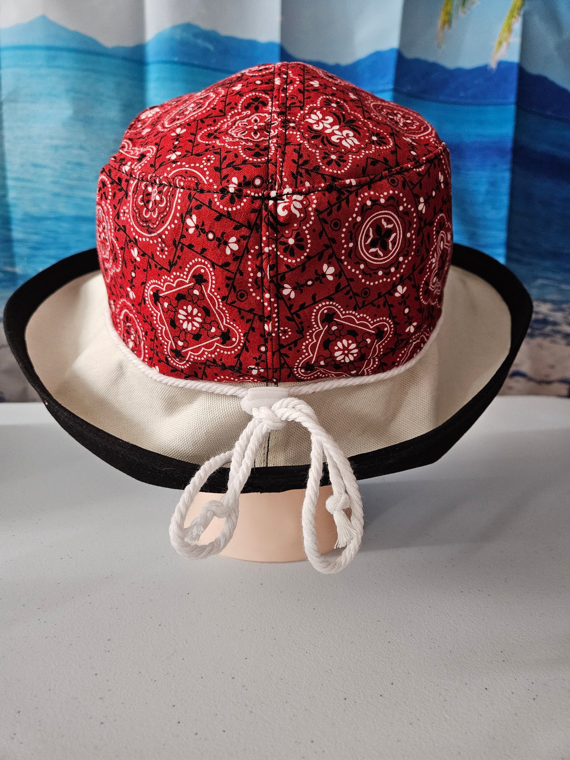 Large wide brim cotton sun hat featuring Red Bandana Print, Sunblocker Hat, Summer Hat, Holiday Hat, Vacation Hat, Handmade, One of a Kind