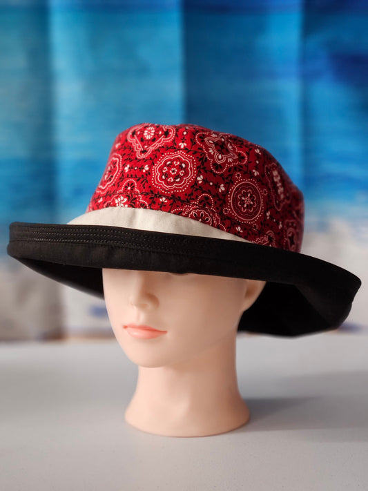 Large wide brim cotton sun hat featuring Red Bandana Print, Sunblocker Hat, Summer Hat, Holiday Hat, Vacation Hat, Handmade, One of a Kind