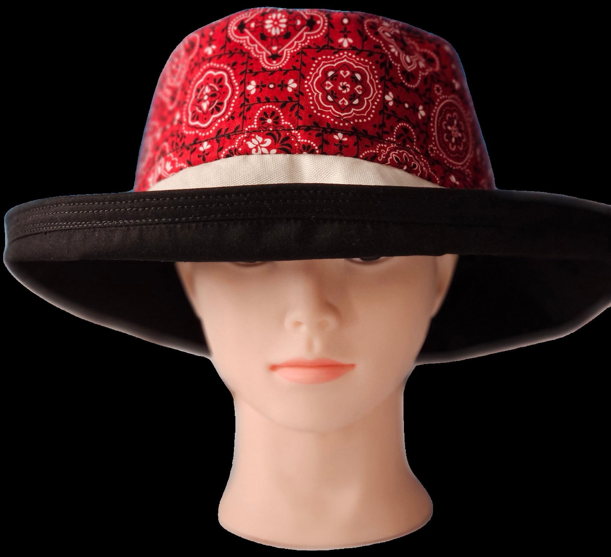 Large wide brim cotton sun hat featuring Red Bandana Print, Sunblocker Hat, Summer Hat, Holiday Hat, Vacation Hat, Handmade, One of a Kind