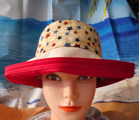 Large wide brim cotton sun hat featuring Red and Blue Stars Print on Cream Background Sunblocker Hat, Summer Hat, Holiday Hat, Vacation Hat