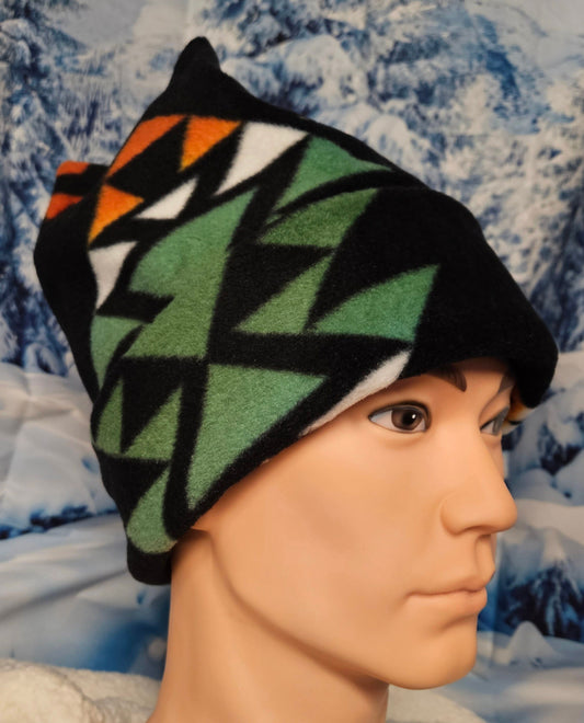 Orange and Green Southwest Print 4 Point Fleece Winter Retro Hat